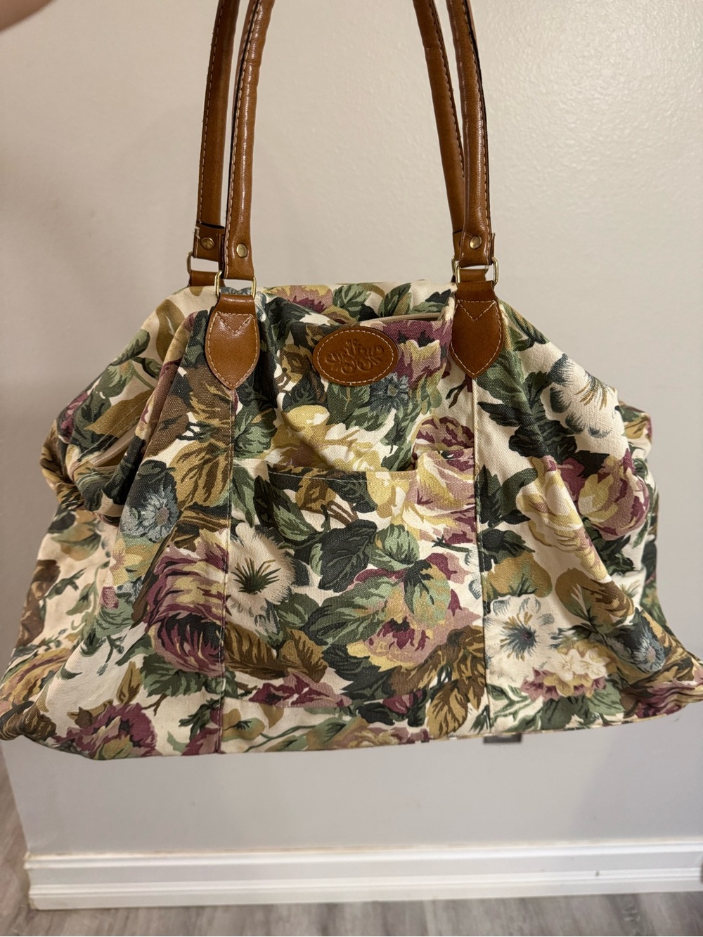 Floral Canvas Shoulder Bag with Brown Leather Trim